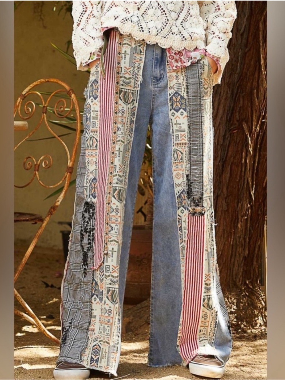 New: POL “Be Legendary” Bohemian Mixed Patchwork Wide Leg Jeans• Large